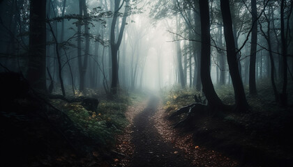 Obraz premium Silhouette of a lonely tree trunk in spooky autumn forest generated by AI