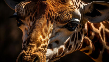 Spotted giraffe cute portrait, focus on nose and fur generated by AI
