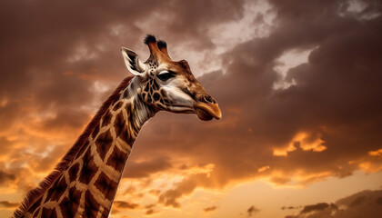 A majestic giraffe head silhouetted against a stunning sunset sky generated by AI
