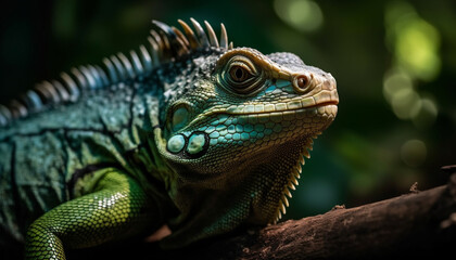 Obraz premium Green iguana, a horned lizard, looking at camera in nature generated by AI