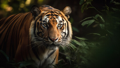 Fototapeta premium The majestic Bengal tiger stares, its striped fur a pattern generated by AI