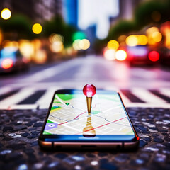 Point on smartphone with gps navigator icon and map, generative AI
