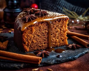 slice of gingerbread cake with molasses glaze on top, surrounded by various spices like cinnamon and ginger - obrazy, fototapety, plakaty