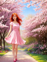 Obraz na płótnie Canvas Red haired beautiful woman in a summer pink dress.Cherry blossoms.Digital creative designer art drawing.AI illustration