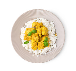 Delicious rice and chicken with curry sauce isolated on white, top view