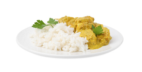 Delicious rice and chicken with curry sauce isolated on white