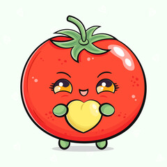 Cute funny Tomato with heart in hand. Vector hand drawn cartoon kawaii character illustration icon. Isolated on light green background. Tomato character concept