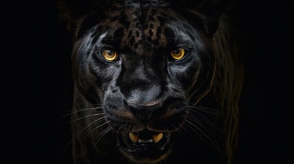 Obraz premium Front view of a panther on a black background. Wild animals banner. Generated using Generative AI.