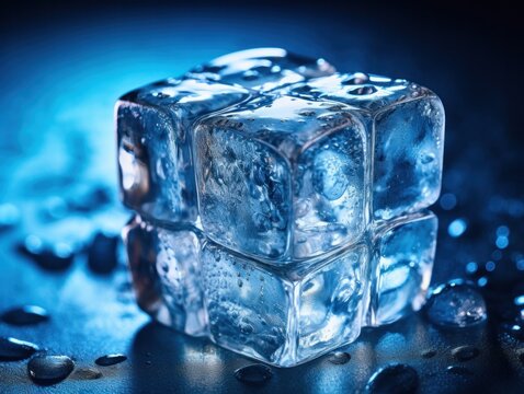 slowly melting reflective ice cubes arranged with dark background and professional light, generative ai