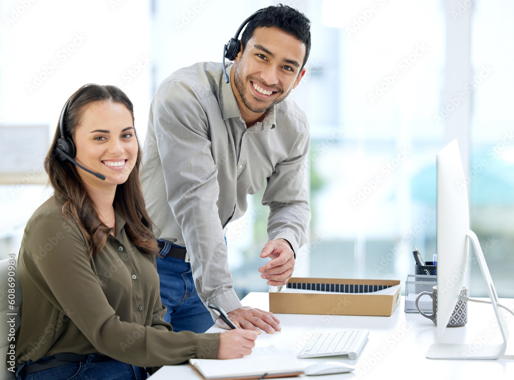 Poster call center, man coaching woman and smile in portrait, office and writing notes for learning at tele