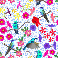 humming birds floral pattern. animal print. leopard print. animal pattern. tropical floral print. petunia, hibiscus. good for fabric, fashion design, wallpaper, summer spring dress, background.