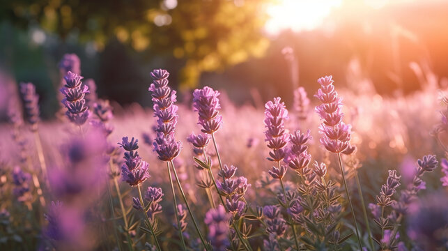 A soft focus image of a lavender field with shallow depth of field and soft colors.