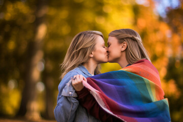 Fototapeta premium Brunette lesbian couple created with Generative AI technology