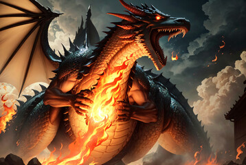 Naklejka premium Glowing Ember, Ash, Spark: The Dragon Ignites the Imagination