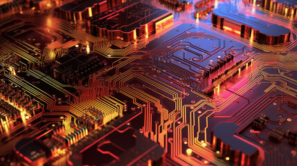 Fototapeta na wymiar 3D circuit board with glowing components