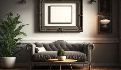 Kreativer Freiraum: Ein von KI gestaltetes Wohnzimmer mit einem leeren Bilderrahmen als Raum für individuelle Fantasie
