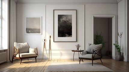 Lebendige Leere: Ein von KI erstelltes Wohnzimmer mit einem leeren Bilderrahmen als stilvollem Blickfang