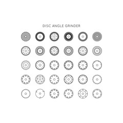 Diamond discs icons set. Discs for angle grinders. Cutting, metal, wood, concrete, granite, ceramics, asphalt, laminate.