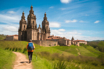 El camino de Santiago, Way of St. James. Tourist and Pilgrim Destination. Generative AI - obrazy, fototapety, plakaty