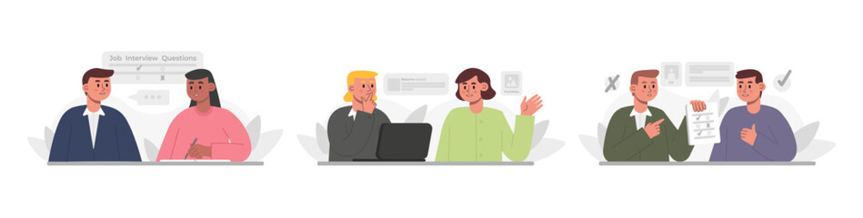 Fototapeta premium Discussion of vacancies. Recruiter conducts interview. Set of illustrations about work of HR department. Men and women are looking for work. List of questions during job interview
