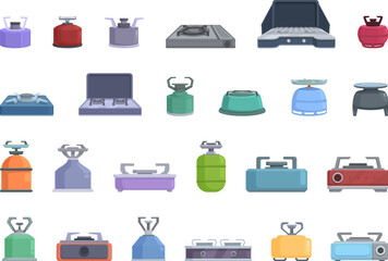 Camping stove icons set cartoon vector. Cooker fuel. Gas stove