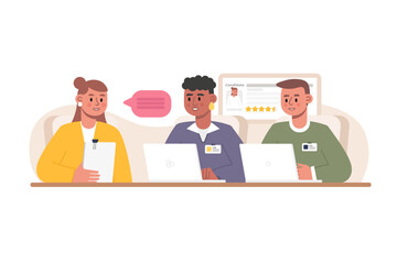Panel interview for employment. Two recruiters are talking to job candidate. Employers read applicant resume. Survey in personnel department. Color vector illustration in flat style