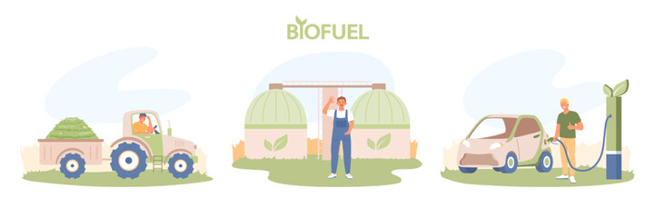 Set of illustration about biofuel. Using compost to produce green energy. Man carries plant residues, biomass to giant composters. Male character is charging electric car - obrazy, fototapety, plakaty