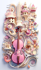 A pink violin sitting on top of a white table. Generative AI. - obrazy, fototapety, plakaty