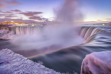 Frost and ice cover the viewing area near Table Rock Welcome Center at Niagara Falls following a winter storm. Ontario Canada