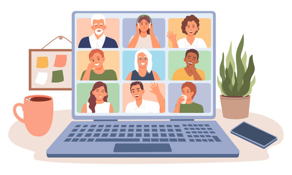 Online meeting, video conference with several participants. Collaborative work, group discussion via video call. Remote work. Vector characters greet each other during online communication