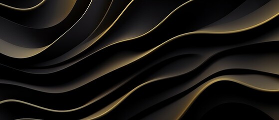 Beautiful black abstract luxury background with 3D texture of wavy lines with golden edges