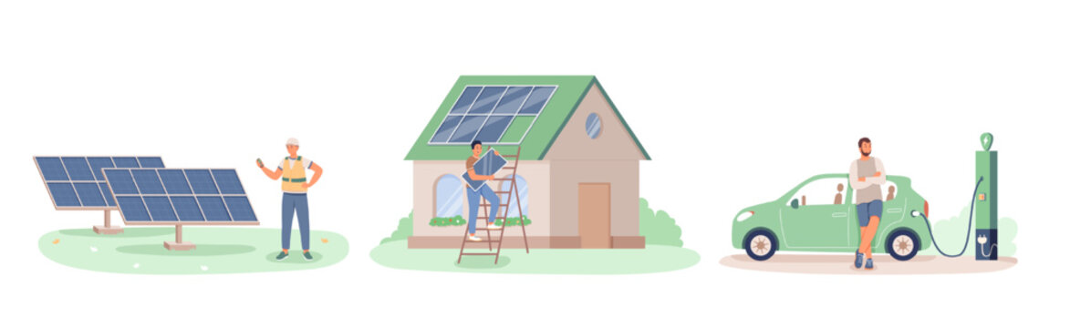 Set of illustrations about use of green energy. Man connects solar farm. Male vector character charging electric car. Person installs solar panel on roof of house
