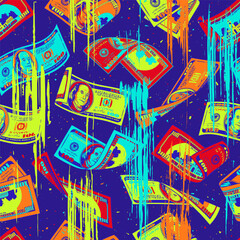 Money neon pattern with one hundred US dollar bills. Falling, folded, twisted, flying dollar banknotes. Detailed vector illustration in pop art style