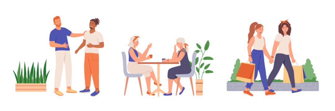 Set of vector illustrations about leisure activities of adults. Vector characters having good time with friends. Meetings in cafe, shopping together. Men have funny dialogue