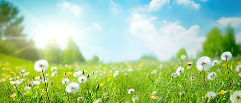 Beautiful bright natural image of fresh grass spring meadow with dandelions with blurred background and blue sky with clouds