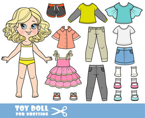 Cartoon blond girl  and clothes separately - skirt, shorts, blouse, long sleeve, jeans, t-shirts, sandals, sundress and sneakers doll for dressing