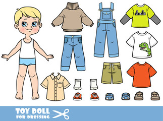 Cartoon boy with blond hair and clothes separately - shorts, shirt, longsleeve, jeans,sweater, boots, socks, jumpsuit, sandals and sneakers doll for dressing