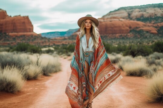 A woman in a hat is walking down a dirt road. Wearing boho style clothing, young and be free. Created with Generative Ai Technology