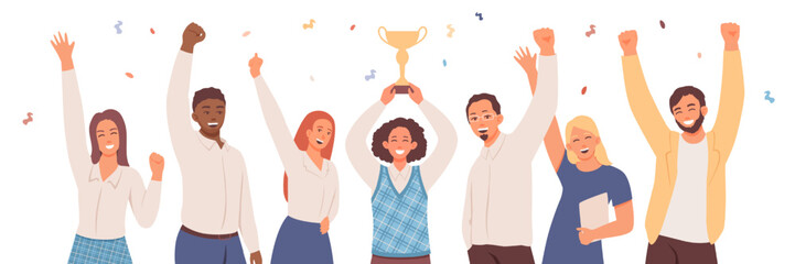 Team celebrates victory. Successful completion of group task. Department receives remuneration for work. Men and women rejoice in their joint achievements