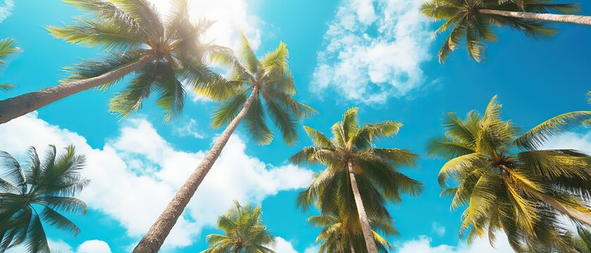 Beautiful natural tropical background with palm trees against a blue sky with clouds