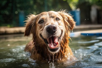 Canine Enjoying a Refreshing Swim in a Pool on a Sunny Day - Pet, Playful Dog, Summertime Fun Concept