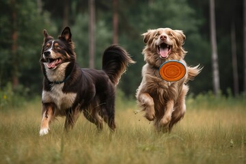 Canine Friends Enjoying a Playful Day Outdoors, Jumping High and Catching a Colorful Frisbee in Mid-Air - Active Dog Playtime, Pet Activity, and Fun Outdoor Games Concept