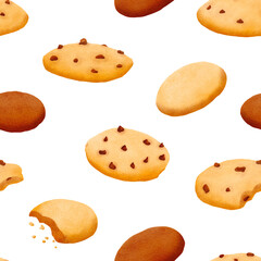 Seamless pattern of fresh delicious crispy sweet cookies. The pastry with pieces of chocolate and crumbs. yummy for a tea party and a snack. Isolated hand drawn digital watercolor illustration: print