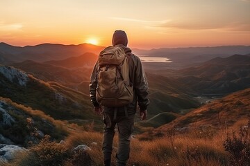Fototapeta premium Man hiking at sunset mountain with heavy backpack