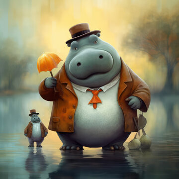 Cute Hippopotamus, Childrens Book Illustration, Generative AI