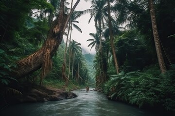 Woman travel in palm tree jungle in the island