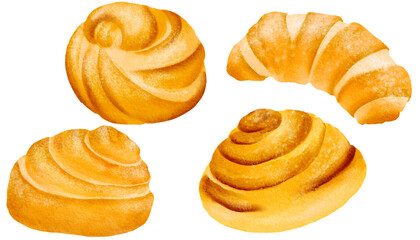 Set of delicious crispy fresh sweet fragrant buns. The perfect French breakfast. Suitable for tea drinking and snacking. Isolated hand drawn digital watercolor illustration for design, textile kitchen