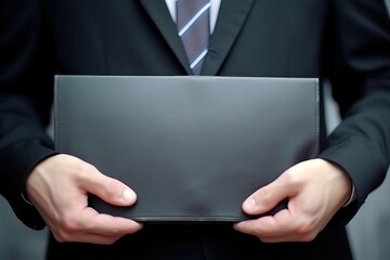 Business man holding blank folder for logo or banner