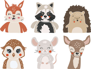 Forest animals isolted vector, Cute Animals collection, Forest Clipart, Portrait animal vector, Baby animal elements set