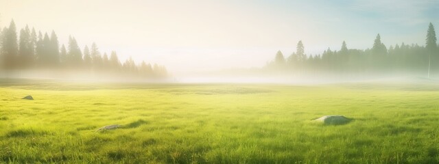 Fototapeta na wymiar Beautiful summer natural landscape with lawn with cut fresh grass in early morning with light fog. Panoramic spring background